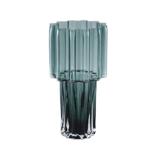 Maayan Green Ribbed Glass Vase Wide Top Round L