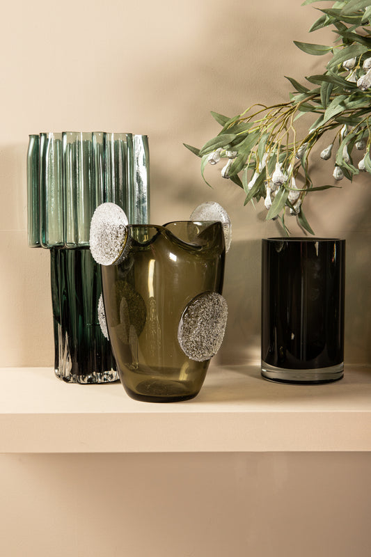 Maayan Green Ribbed Glass Vase Wide Top Round L