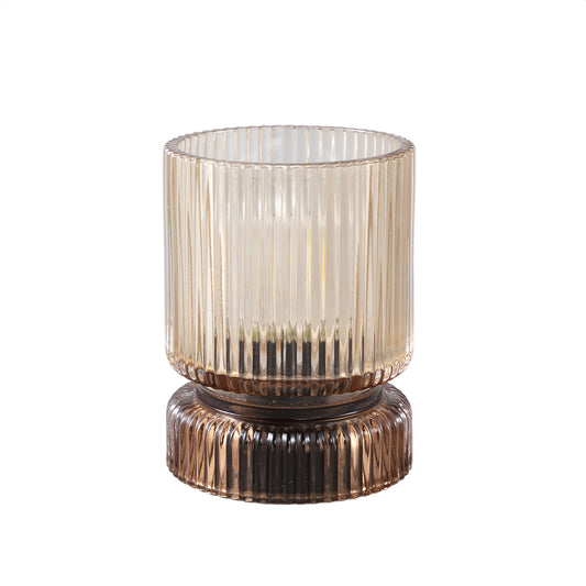 Comrad Gele Glazen Led-Licht Set van 6 Stuks met Geribde Structuur Rond - 6 Sets 12x9x9 cm