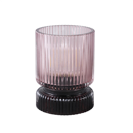 Comrad Roze Glazen LED-Licht met Ribbel Structuur Rond - Set van 6 Stuks - 6 Sets 12x9x9 cm