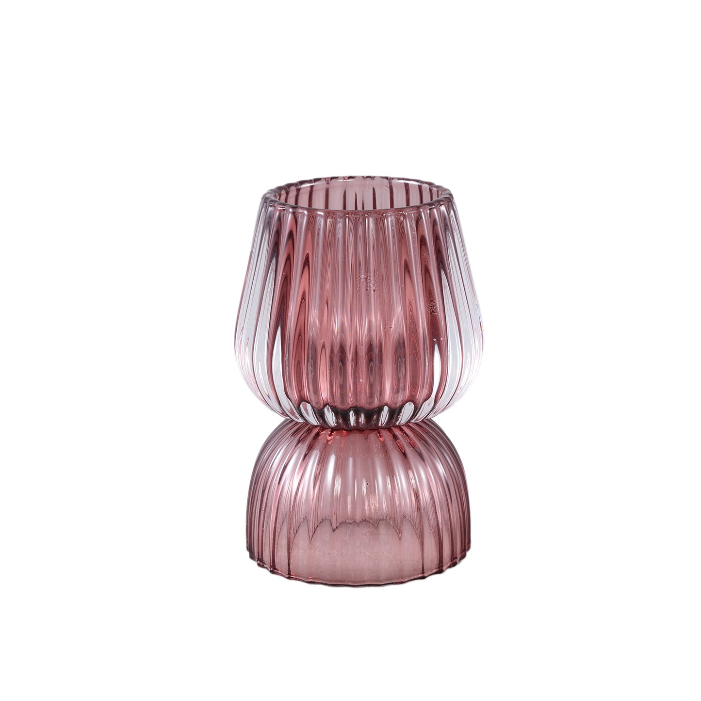 Comrad Roze Glazen Theelicht Ribbelstructuur Rond Set van 6 - 6 Sets 13x9x9 cm