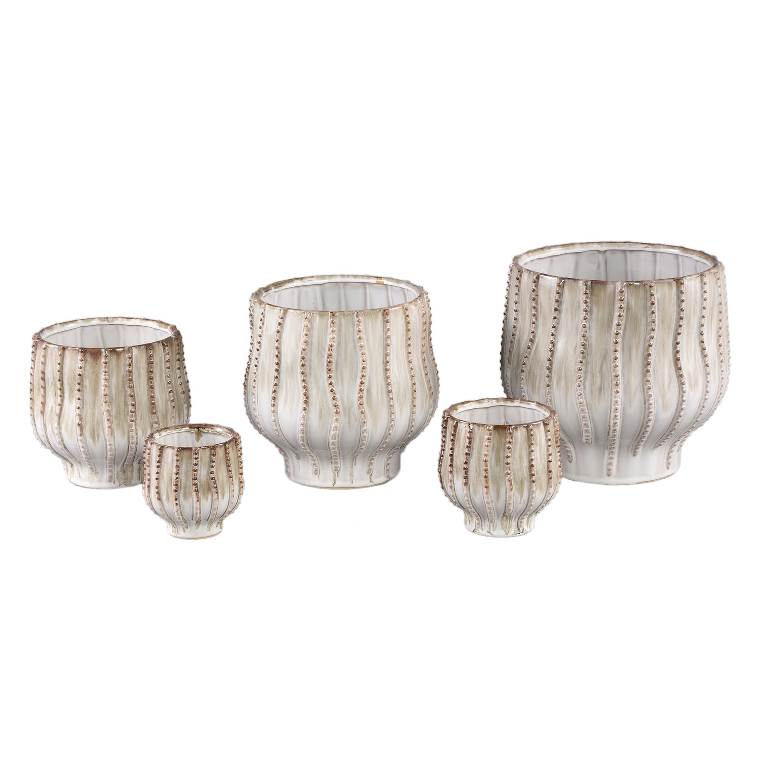 Dell Crème Keramische Pot met Lijnpatroon Rond XL - Set van 2 - 2 Sets 25x25x25 cm