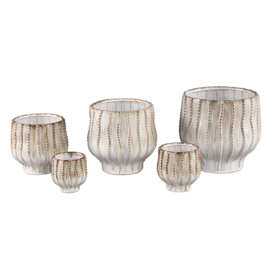 Dell Crème Keramische Pot met Lijnpatroon Rond XL - Set van 2 - 2 Sets 25x25x25 cm