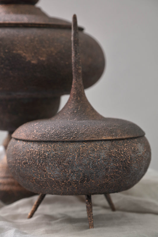 Eben Bronze Iron Deco Storage Pot High Lid Round