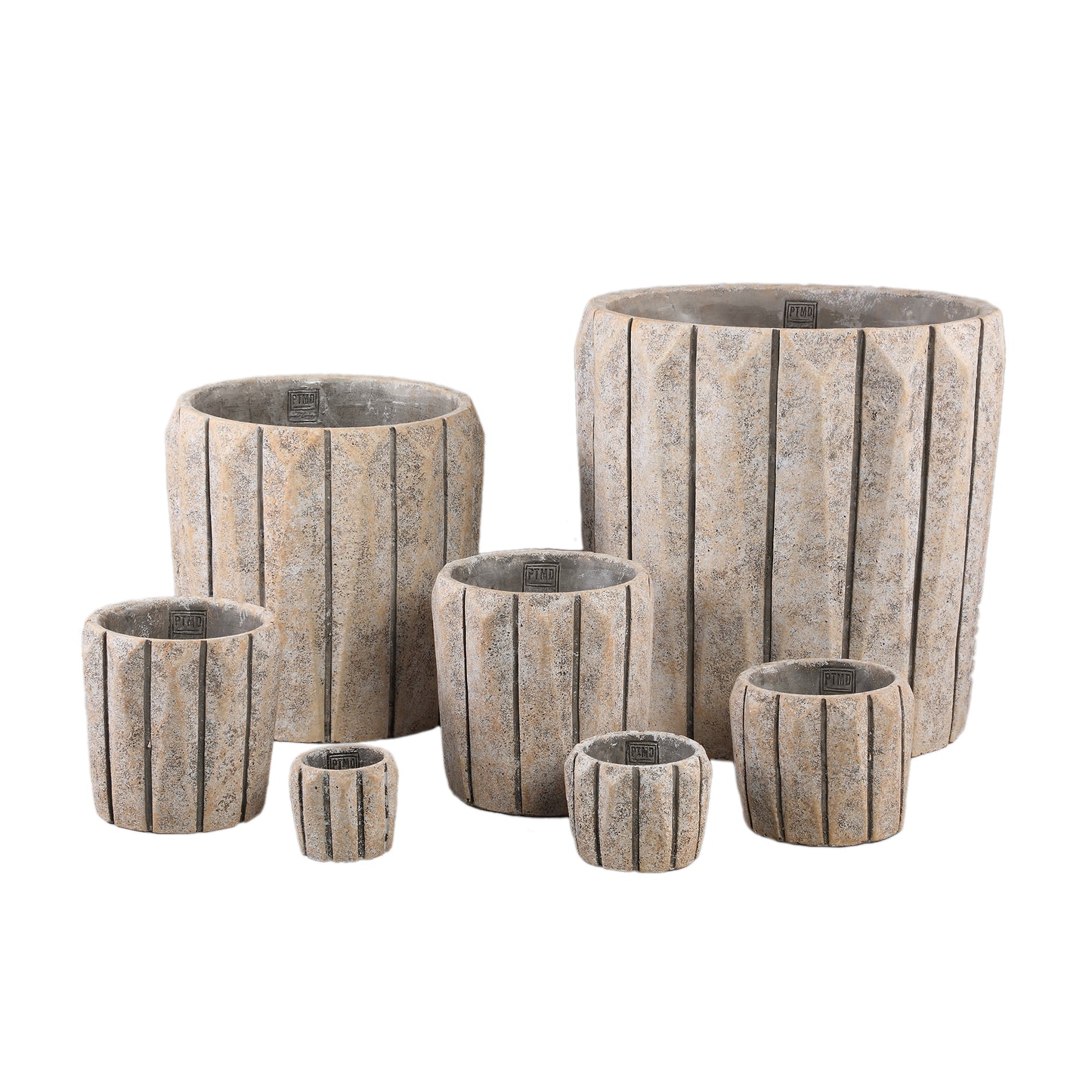 Imani Taupe Cement Pot Rond Met Lijnen L Set Van 8 Stuks 17x17x17 cm