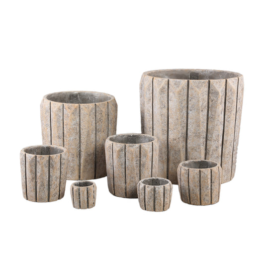 Imani Taupe Cement Pot Rond Met Lijnen L Set Van 8 Stuks 17x17x17 cm