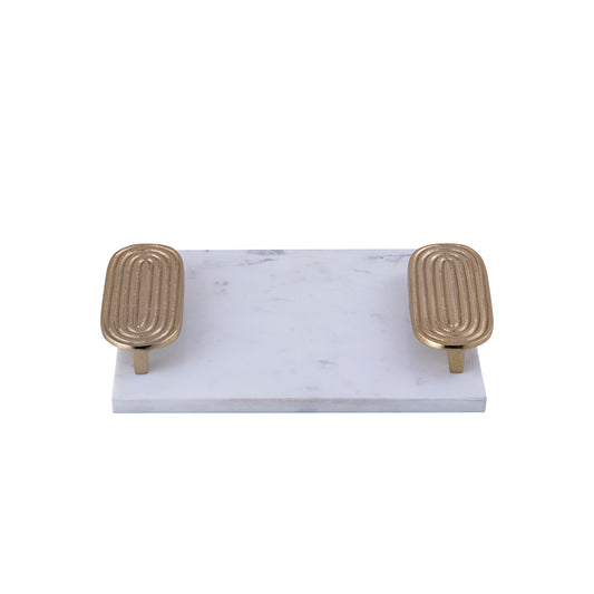 Dez Wit Marmer Rechthoekig Dienblad Gouden Handvaten Set van 2 - 2 Sets 5x30x23 cm