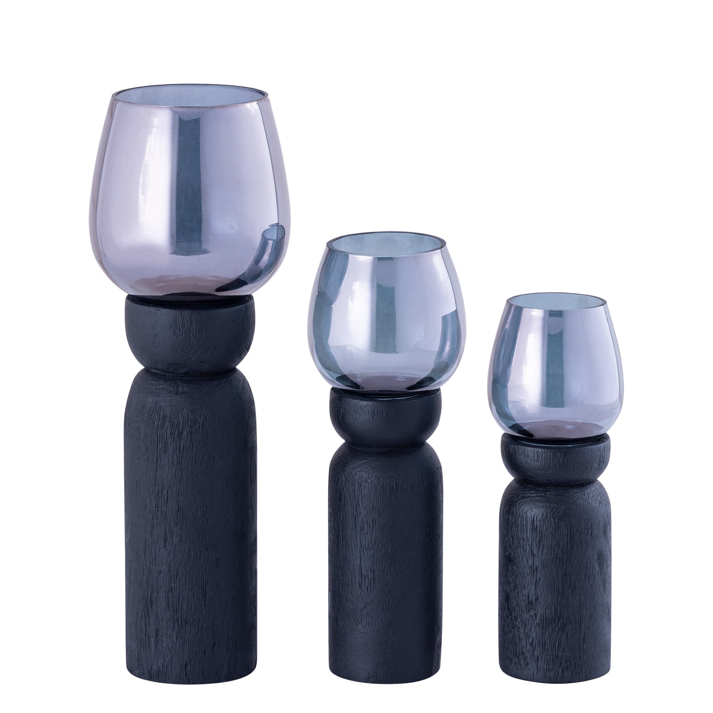 Qez Zwart Mangohout Windlicht Set Van 4 Stuks Met Rookglas 24x7.5x7.5 cm