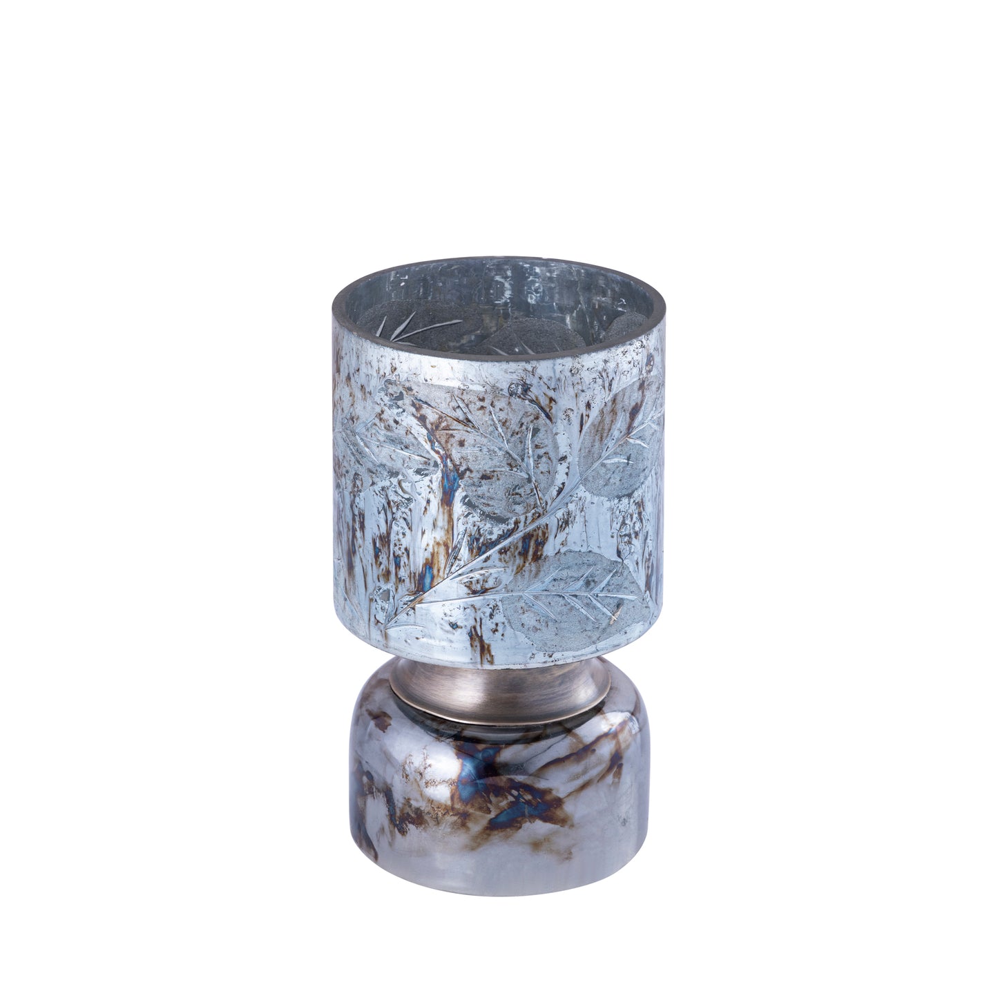 Navanah Blauw Glas Windlicht Blad Gegraveerd Rond Set van 6 - 6 Sets 20x12x12 cm