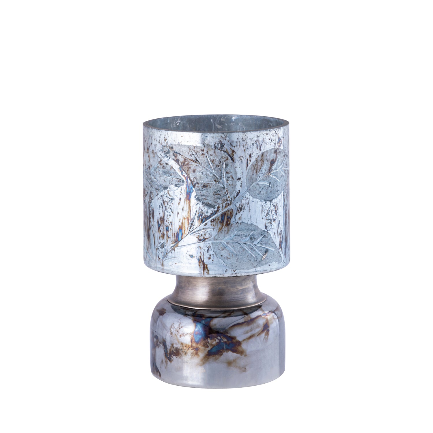 Navanah Blauw Glas Windlicht Blad Gegraveerd Rond Set van 6 - 6 Sets 20x12x12 cm