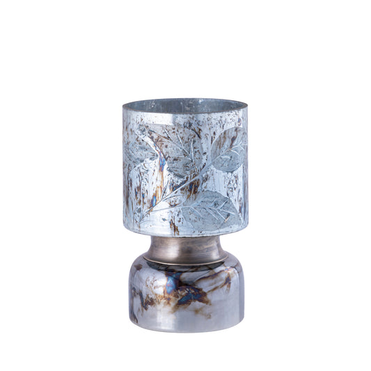 Navanah Blauw Glas Windlicht Blad Gegraveerd Rond Set van 6 - 6 Sets 20x12x12 cm