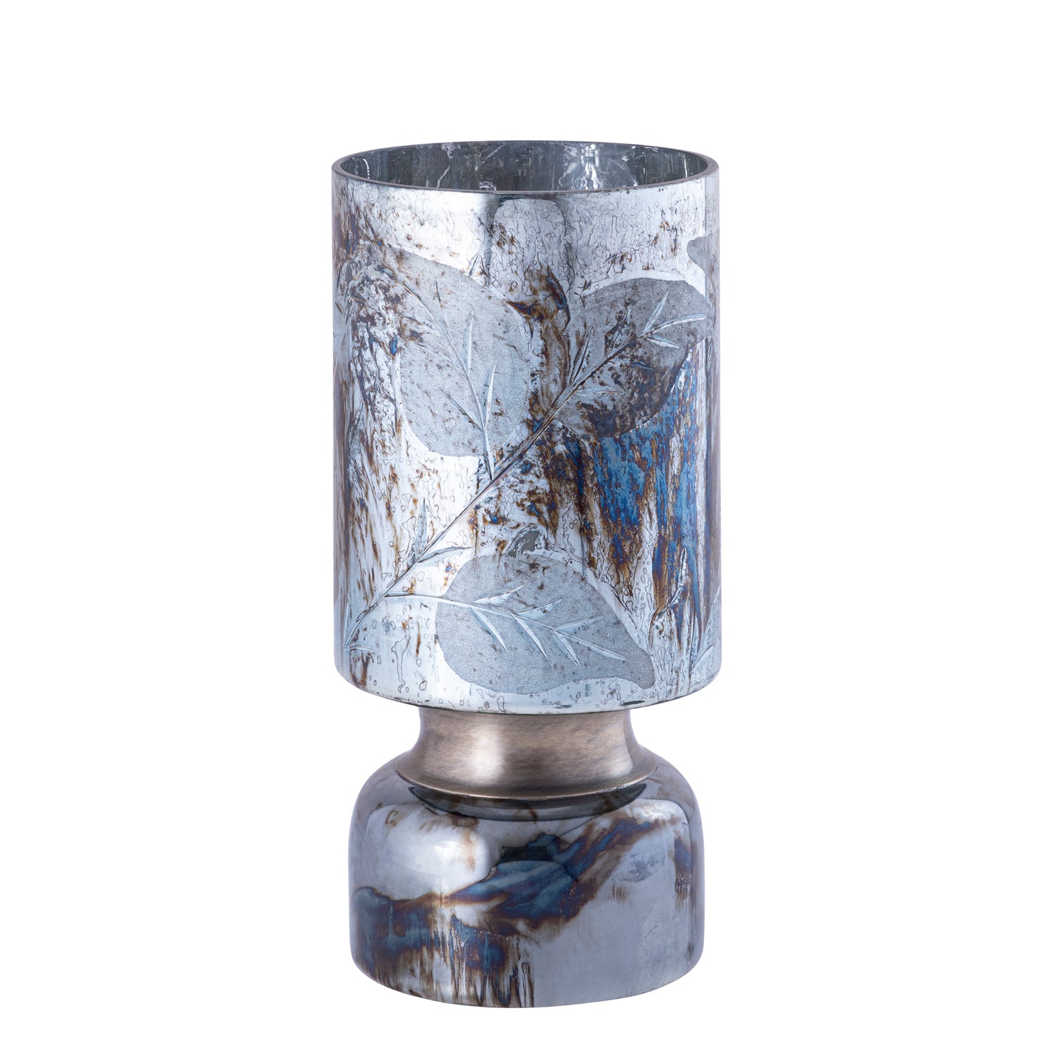 Navanah Blauw Glazen Windlicht Bladmotief Rond Set van 4 Stuks - 4 Sets 25x12x12 cm