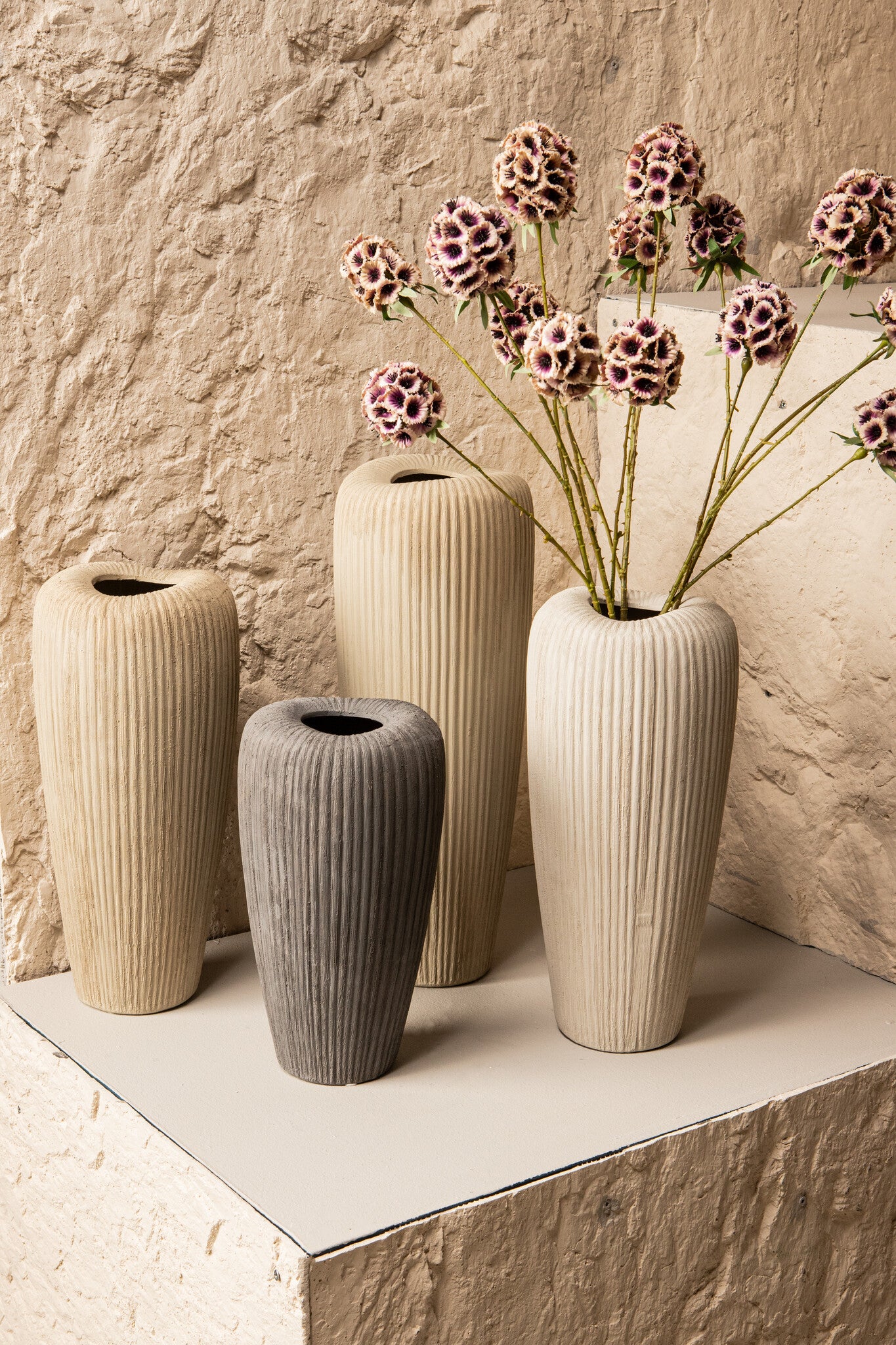 Zinet Cream Round Ceramic Pot With Lines M