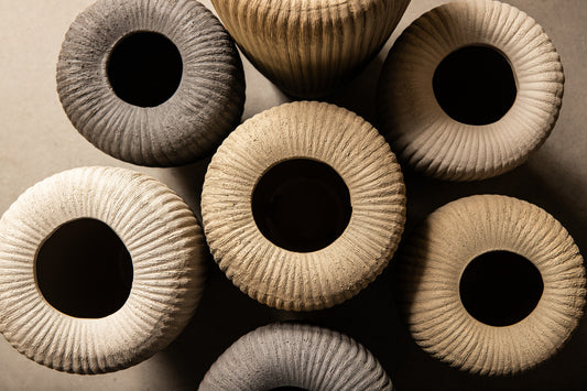Zinet Taupe Round Ceramic Pot With Lines M