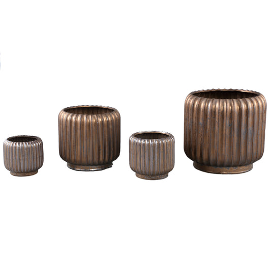Eevie Bronzen Ronde Keramische Pot Met Lijnen Set Van 8 Stuks 14.5x14.5x14.5 cm
