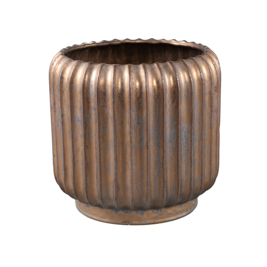 Eevie Bronzen Ronde Keramische Pot Met Lijnen L - Set van 2 - 2 Sets 26x26x26 cm
