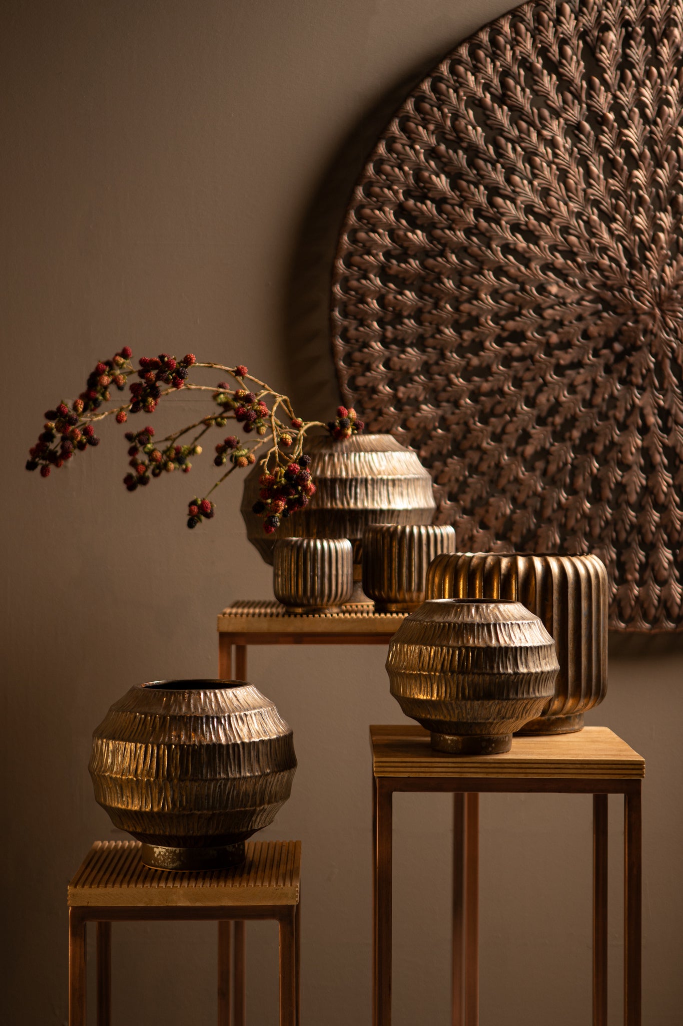 Cherith Bronze Round Ceramic Pot Ribbed S
