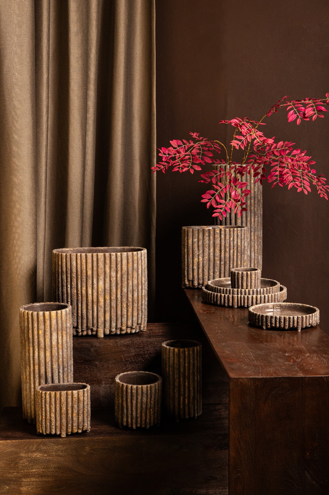 Morganne Brown Round Cement Pot Ribbed High M