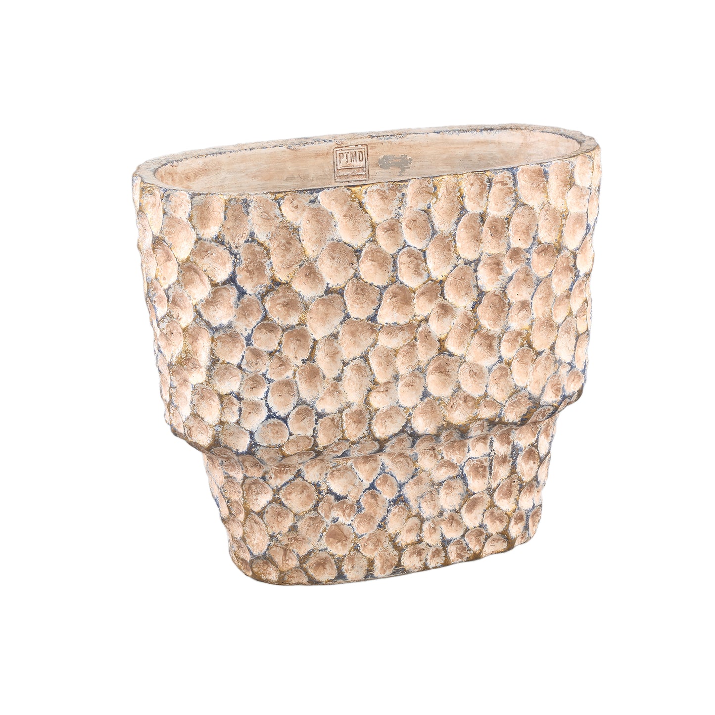 Liselot Bruine Ovale Cementpot Met Gestempeld Patroon L 36x40x20 cm