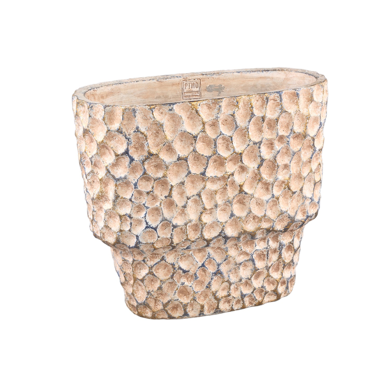 Liselot Bruine Ovale Cementpot Met Gestempeld Patroon L 36x40x20 cm