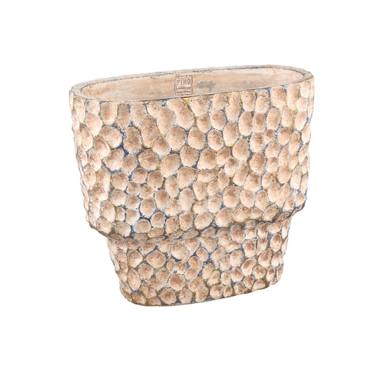 Liselot Bruine Ovale Cementpot Met Gestempeld Patroon L 36x40x20 cm