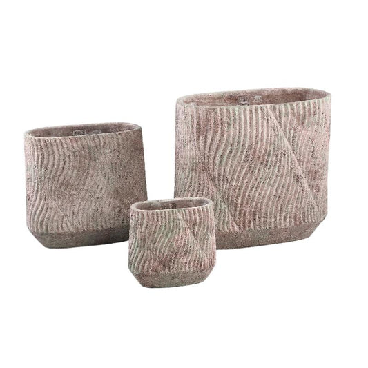 Diesel Grijze Ovale Cementpot Met Golvende Lijnen Ruwe Afwerking S - Set Van 6 Stuks 18x20x10 cm
