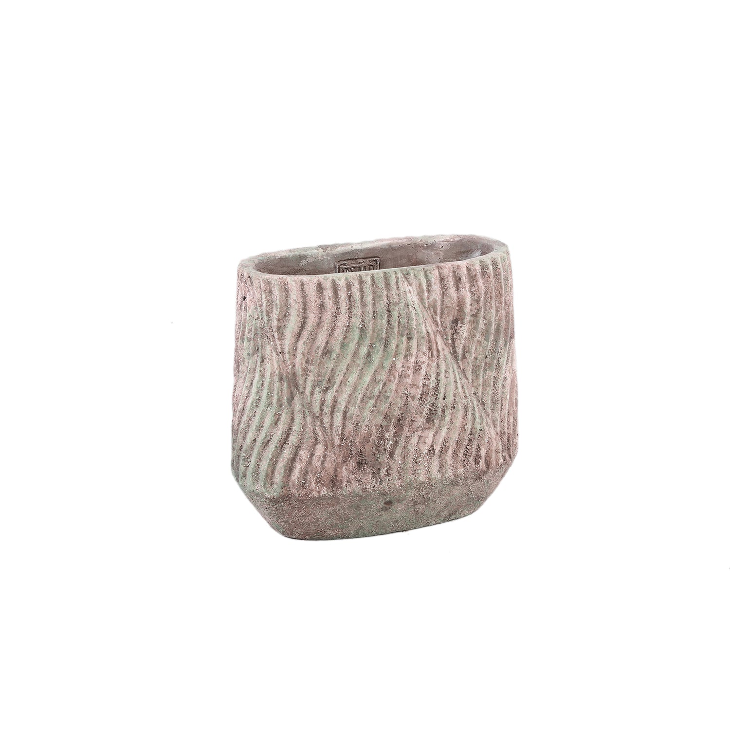 Diesel Grijze Ovale Cementpot Met Golvende Lijnen Ruwe Afwerking S - Set Van 6 Stuks - 6 Sets 18x20x10 cm