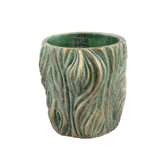 Alexio Groene Ronde Cementpot met Golvende Lijnen Set van 6 Stuks - 6 Sets 18x19x19 cm