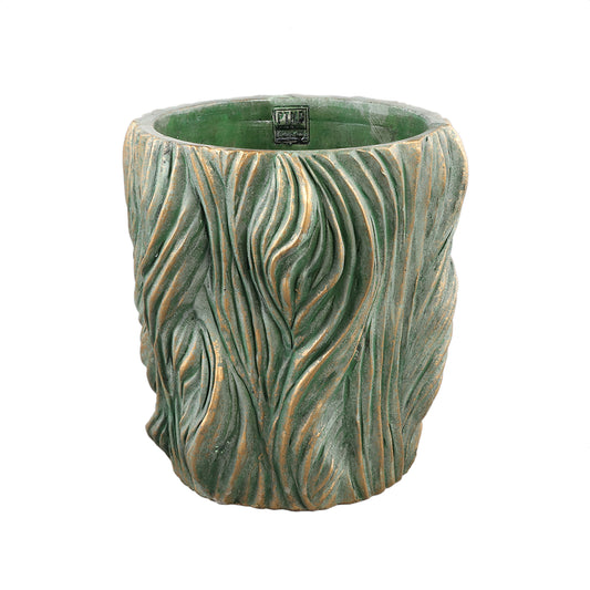Alexio Green Round Cement Pot Wavy Lines Low XL