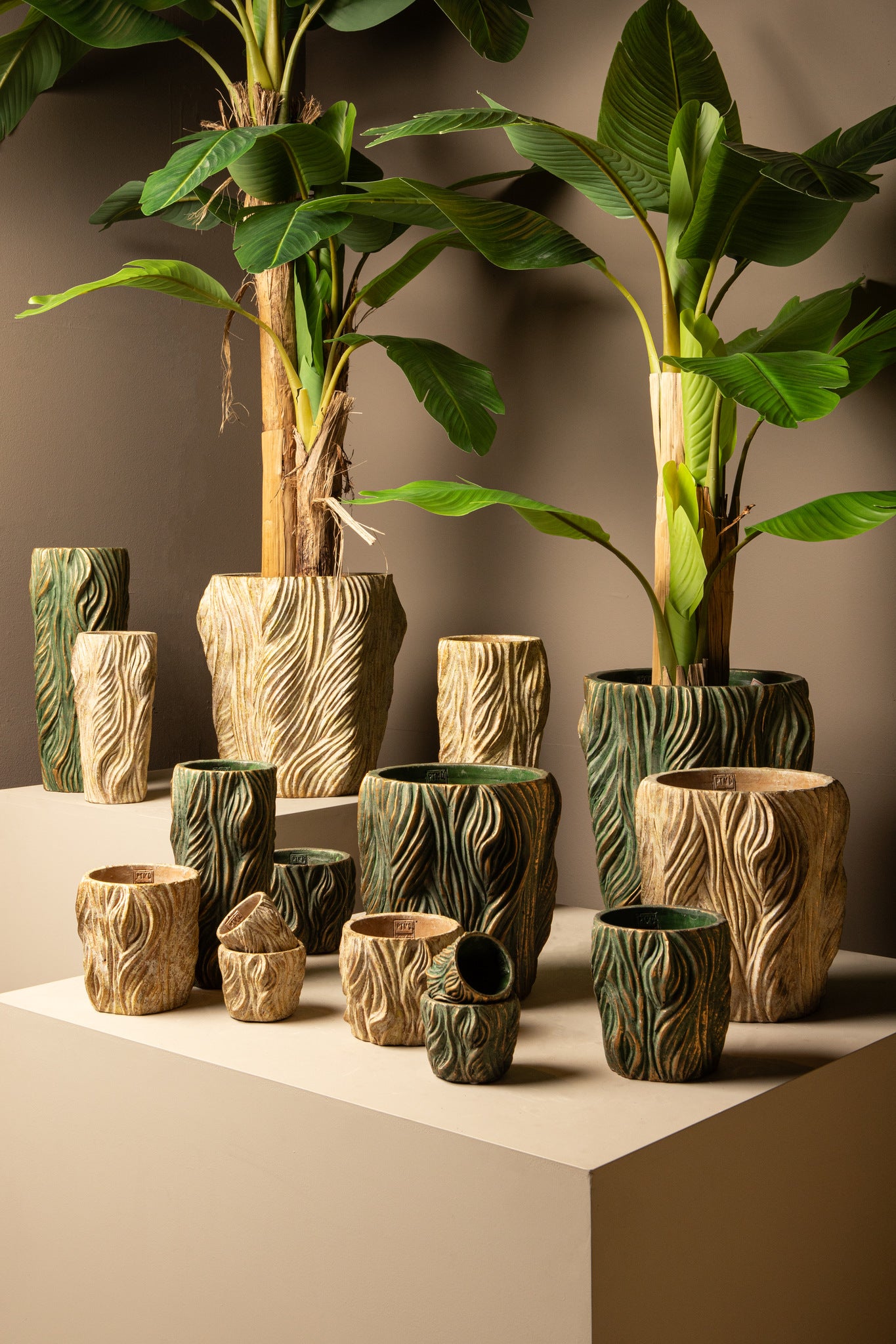 Alexio Green Round Cement Pot Wavy Lines Low XXL