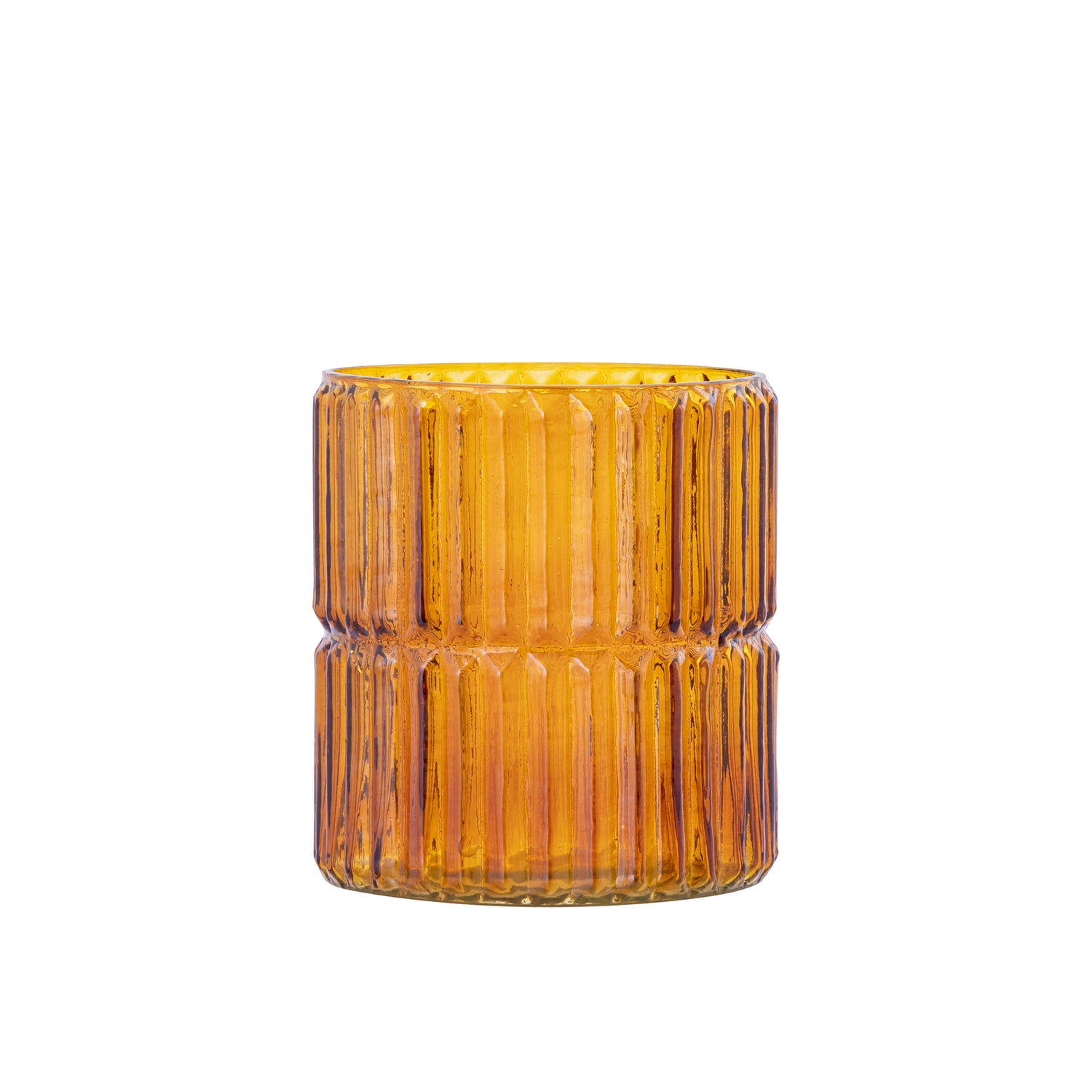 Hosanna Amber Rond Gerimpeld Glazen Windlicht Set van 8 Stuks - 8 Sets 15x11x11 cm