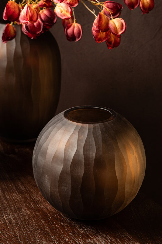 Mishan Brown Glass Bulb Vase Carved Wavy Pattern