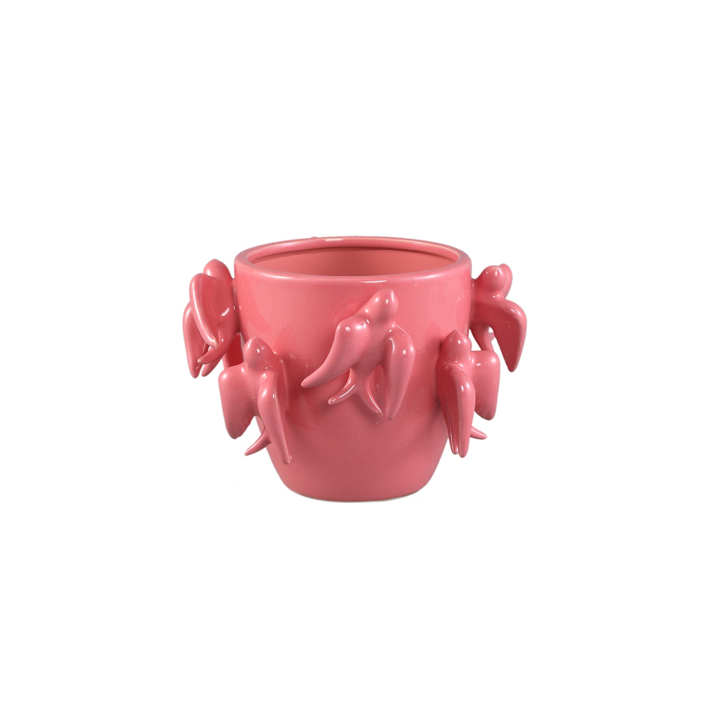Emmelyn Pink Round Ceramic Glazed Pot Birds S