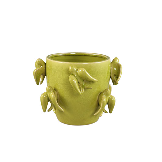 Emmelyn Green Round Ceramic Glazed Pot Birds M