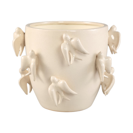 Emmelyn White Round Ceramic Glazed Pot Birds L