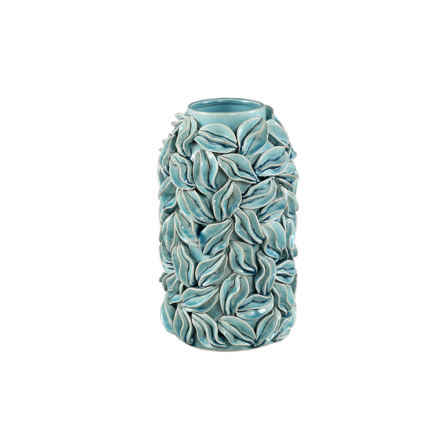 Zubeda Blauwe Ronde Glazuurde Keramische Pot Met Bladeren S 25x16.5x16.5 cm