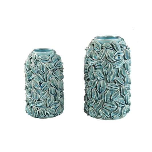 Zubeda Blauwe Ronde Keramische Pot Met Bladeren L 30x20x20 cm
