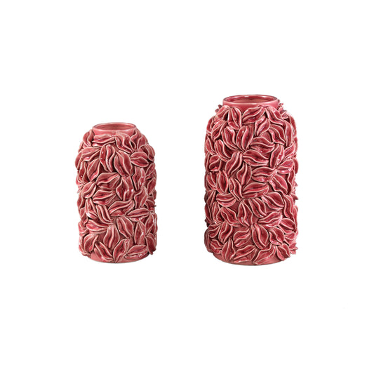 Zubeda Roze Ronde Keramische Pot Met Bladeren L 30x20x20 cm