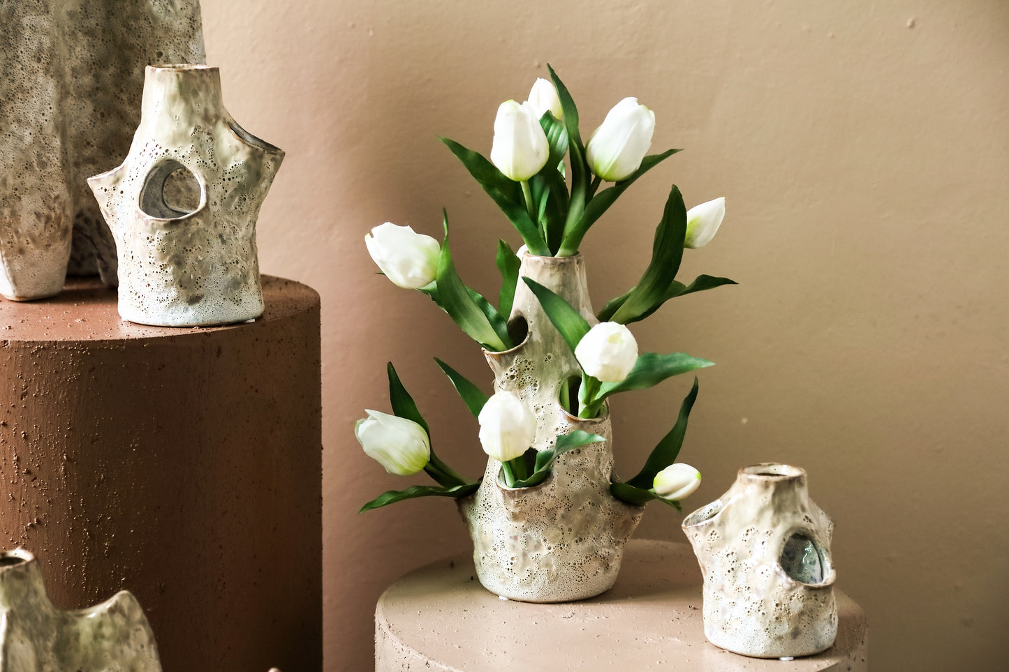 Marshali Cream Ceramic Vase With Dents M