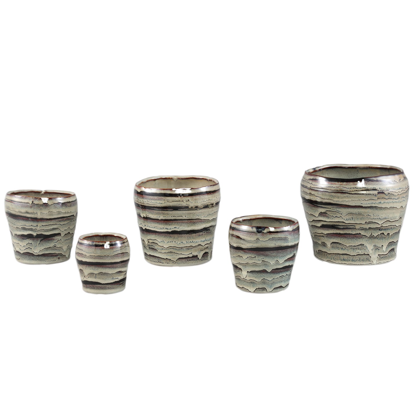 Arpit Grijze Keramische Ronde Pot Met Lijnen XL - Set van 6 Stuks - 6 Sets 14.5x16.5x16.5 cm