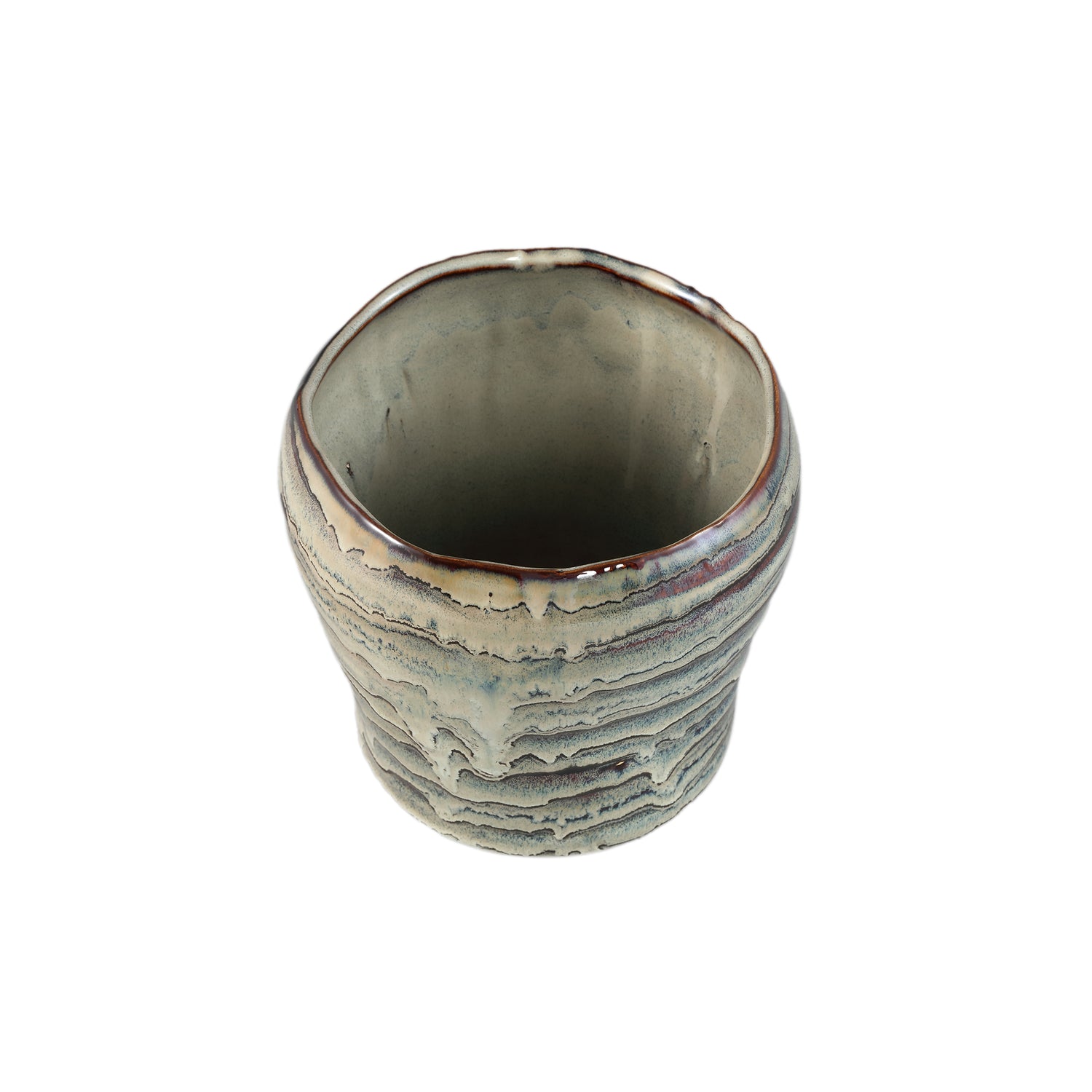 Arpit Grijze Keramische Ronde Pot Met Lijnen XL - Set van 6 Stuks - 6 Sets 14.5x16.5x16.5 cm