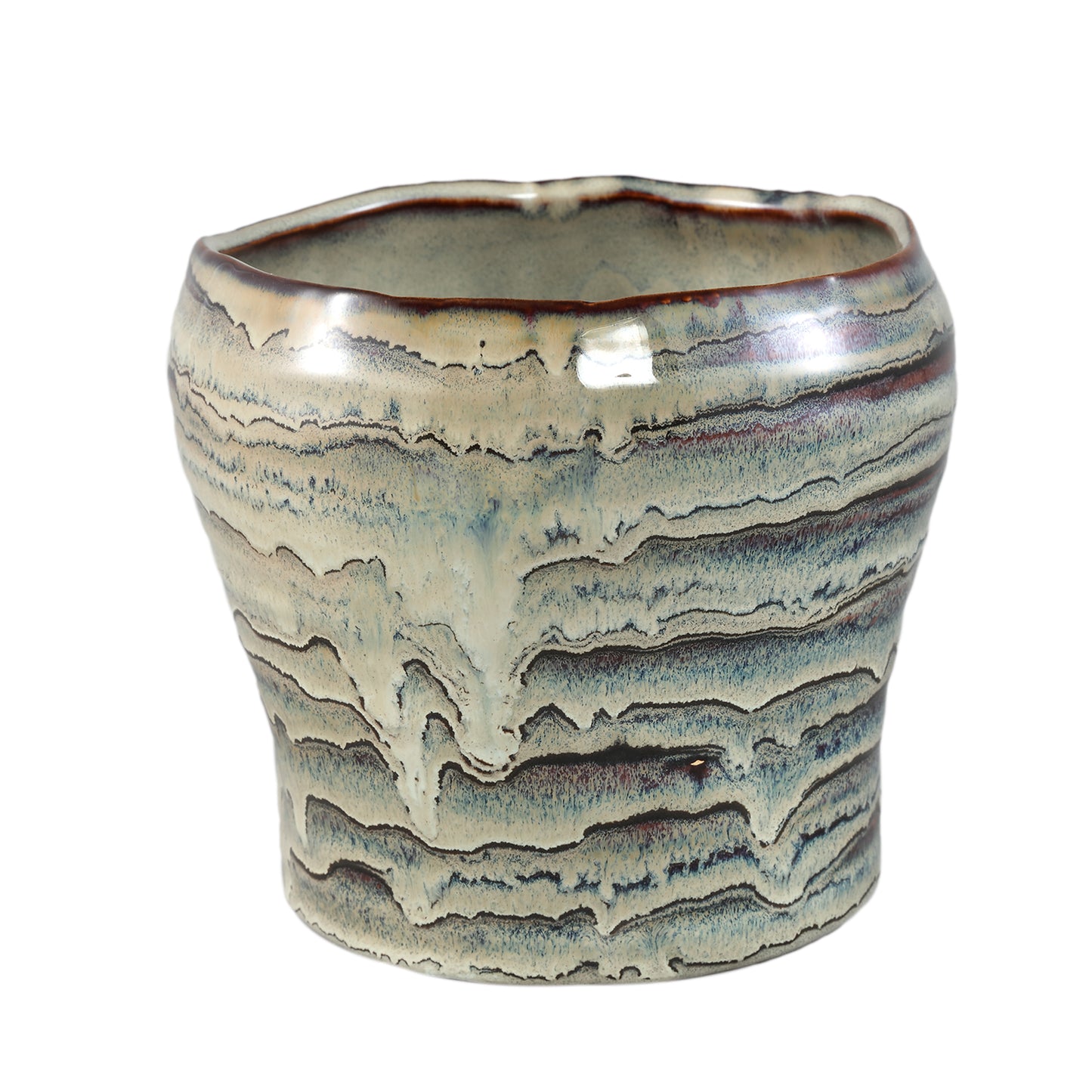 Arpit Grijze Keramische Ronde Pot Met Lijnen XL - Set van 6 Stuks - 6 Sets 14.5x16.5x16.5 cm