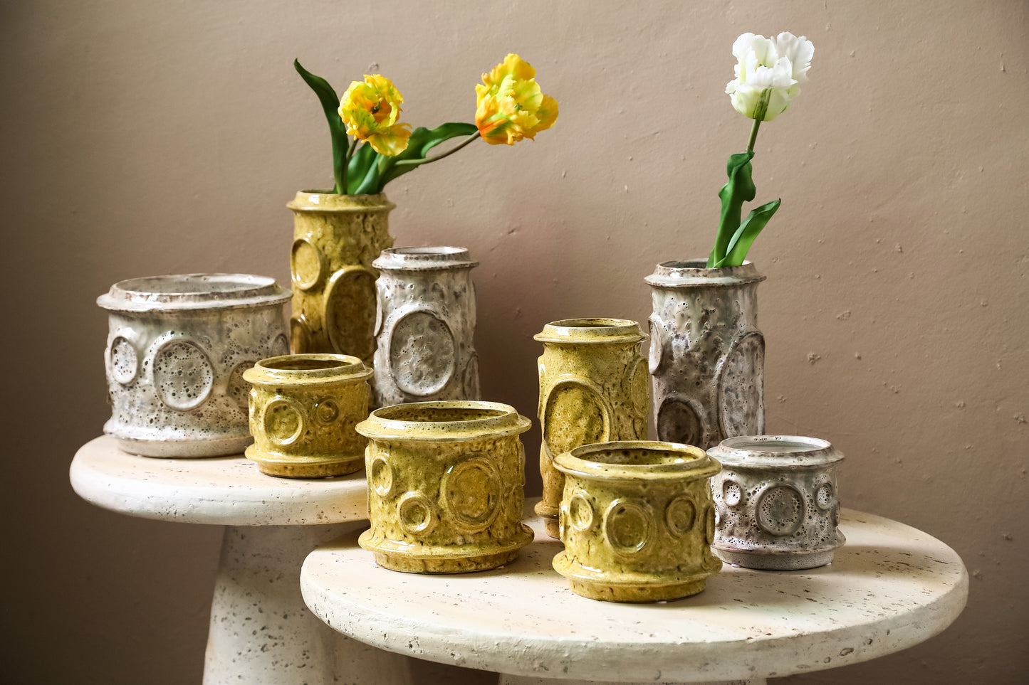 Gregorie Yellow Ceramic Round Pot Circles Low M