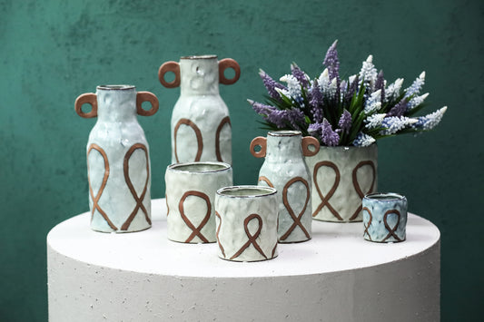 Freiah Cream Ceramic Round Pot Brown Motive High L
