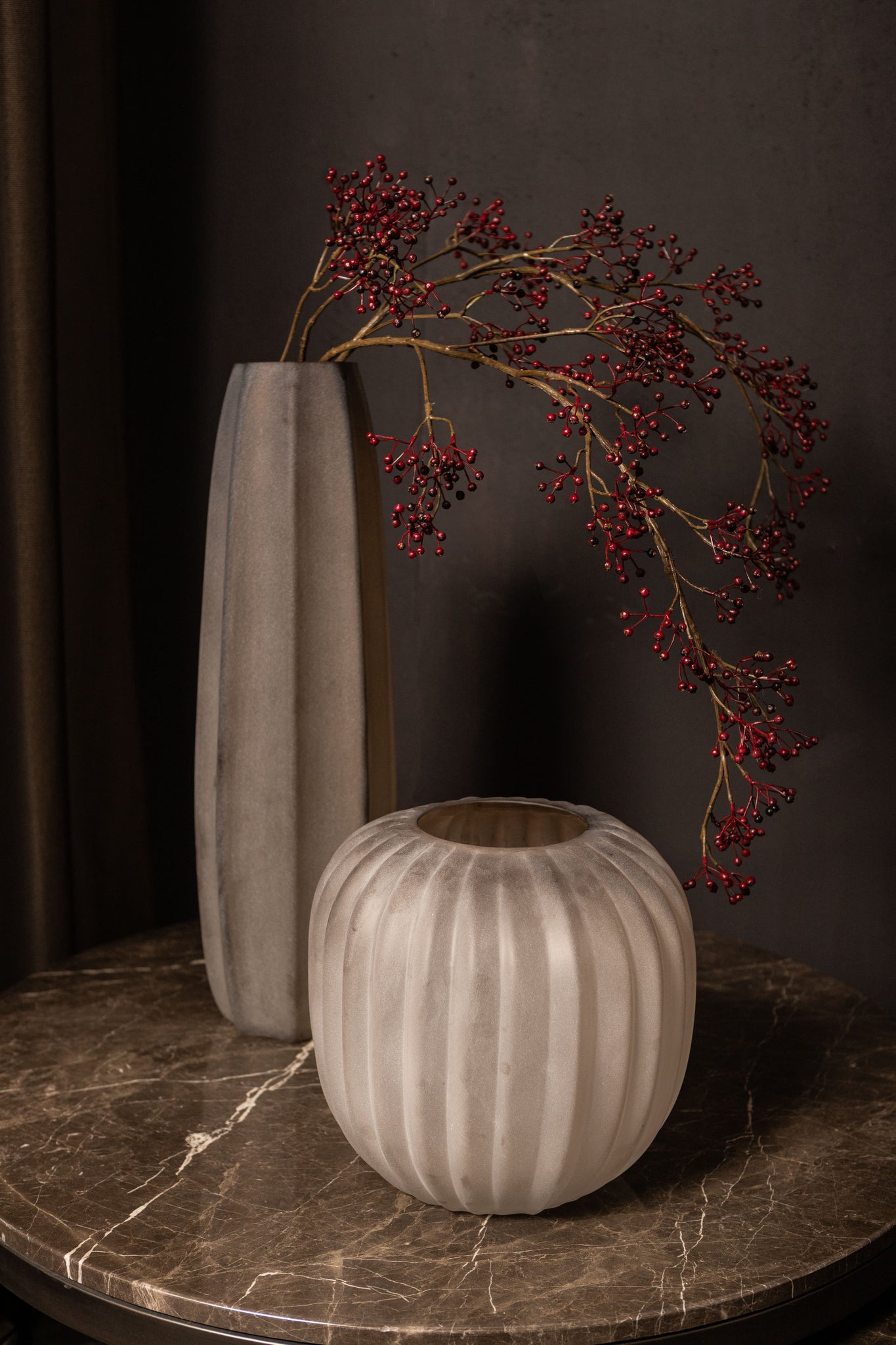 Levente Sand Carved Glass Round Vase Ribbed Low