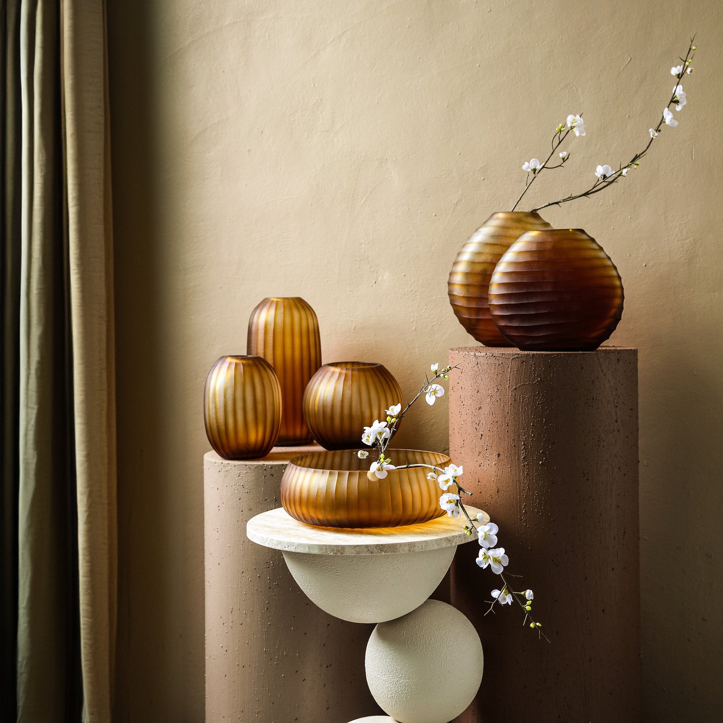 Lavanya Brown Carved Glass Oval Vase Ribbed L