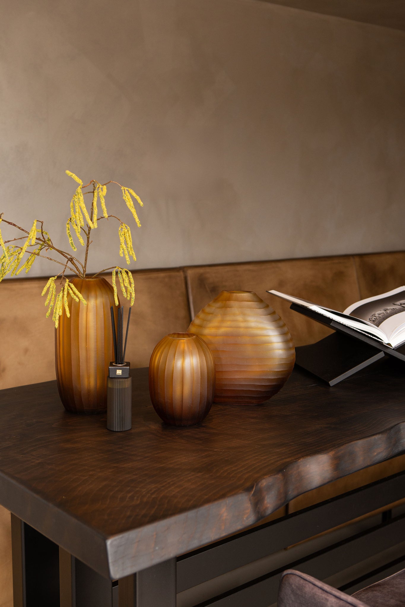 Lavanya Brown Carved Glass Oval Vase Ribbed L