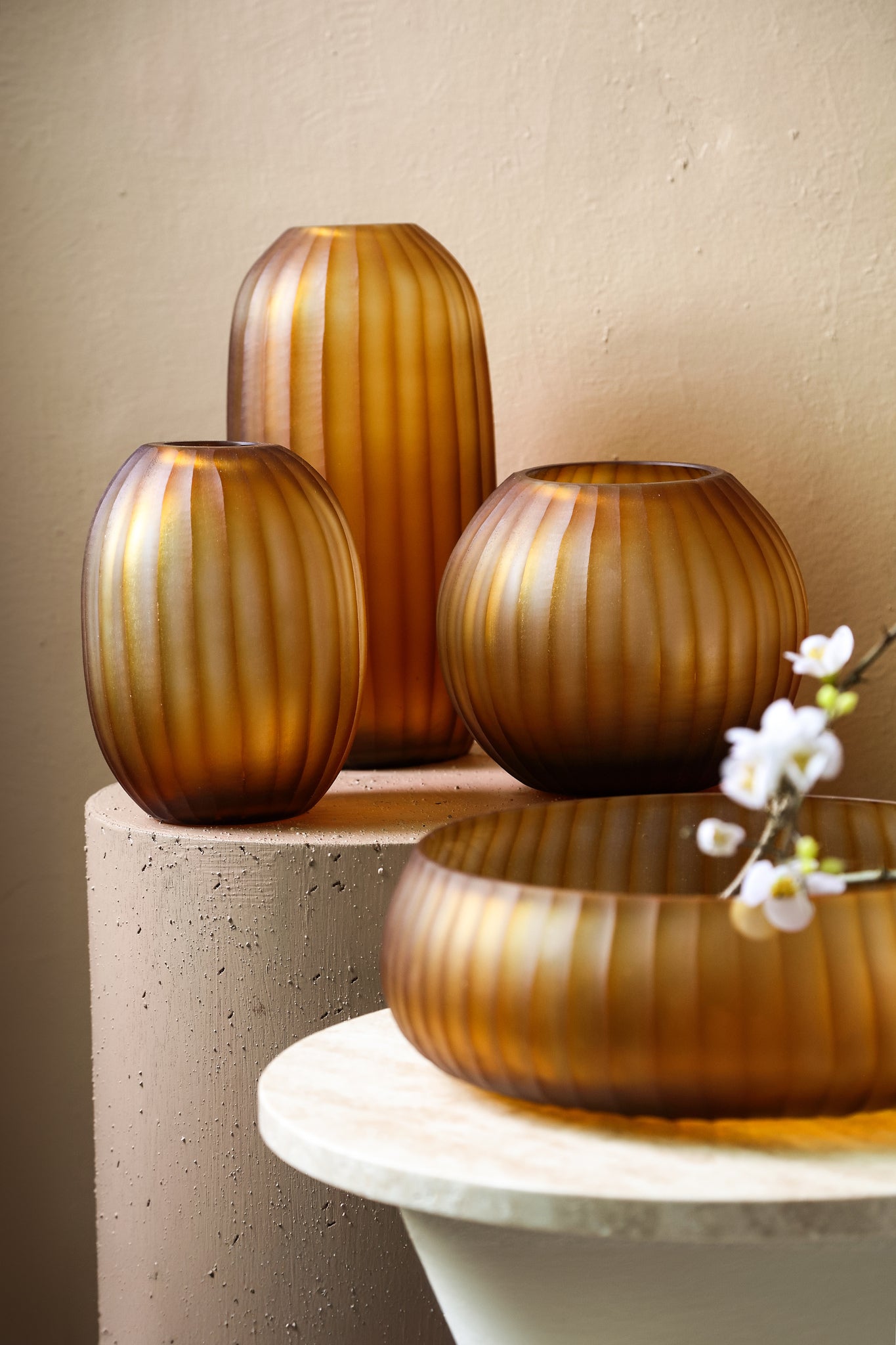 Lavanya Brown Carved Glass Round Vase Ribbed High