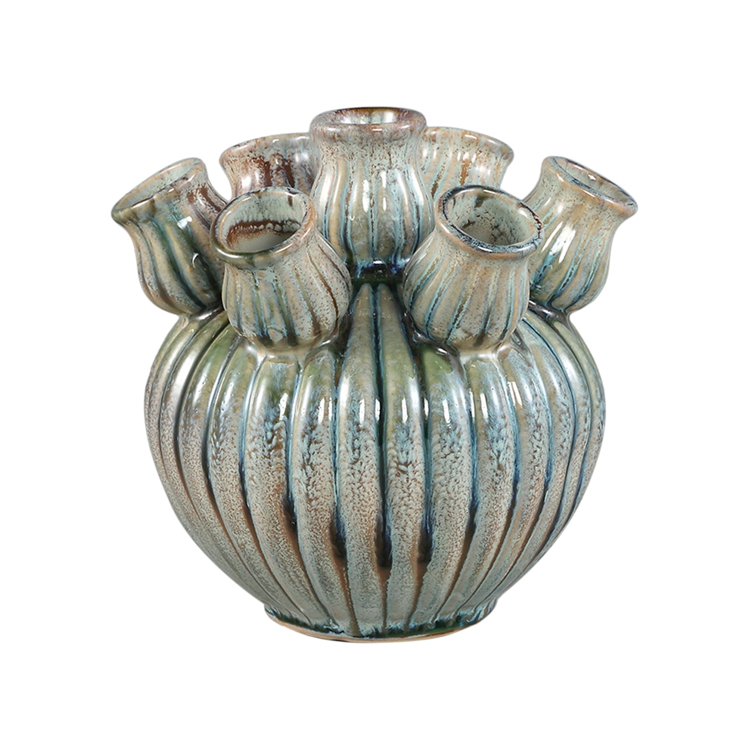 Nolou Turquoise Keramische Tulp Vaas Geribbd Rond XS Set van 6 Stuks - 6 Sets 17.5x18x18 cm