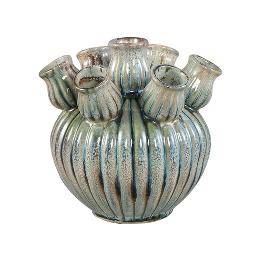 Nolou Turquoise Keramische Tulp Vaas Geribbd Rond XS Set van 6 Stuks - 6 Sets 17.5x18x18 cm